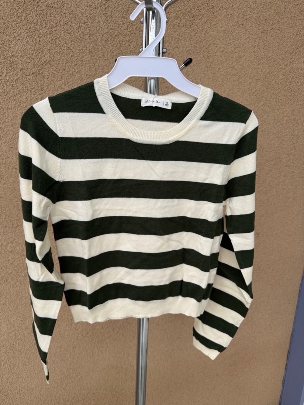 Active USA Cream and Dark Green Striped Crewneck Sweater